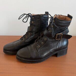 Sezane Laeticia Black Leather Moto Boots, Size 38
